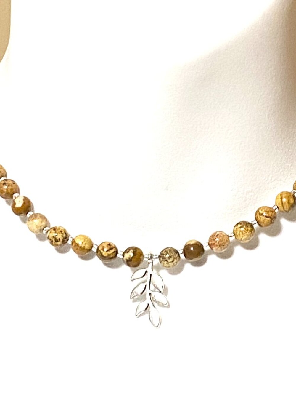Earthy Picture Jasper Short Necklace, Gemstone & Silver Leaf Branch Pendant